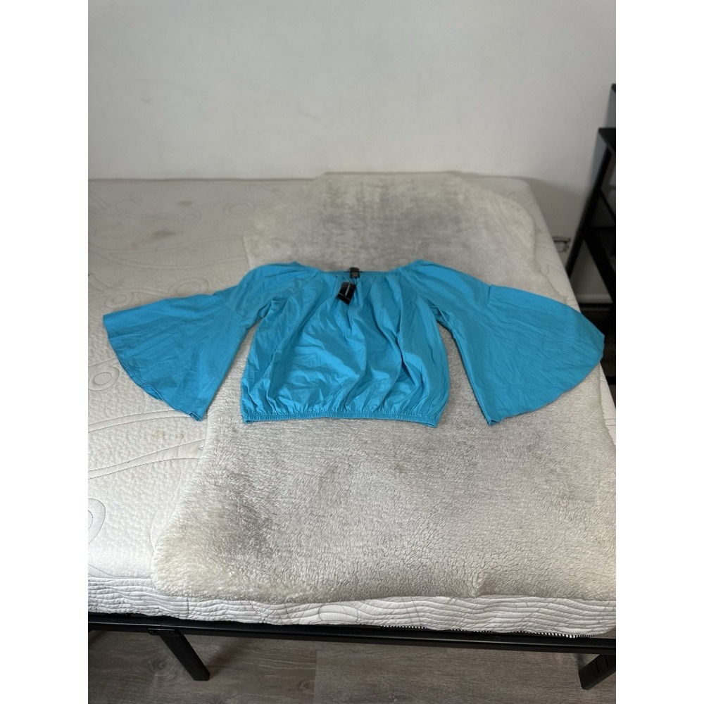 Ashley Stewart Aqua Blue Off The Shoulder Crop Top Bell Sleeve Size 14/16 NWT